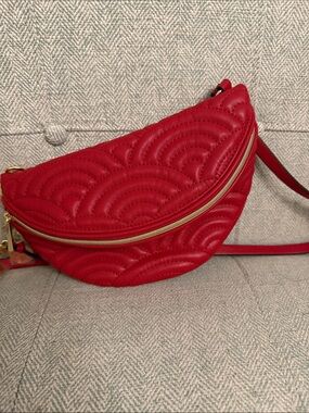 Estee Lauder Red Quilted Crescent Crossbody Bag with Gold Zipper